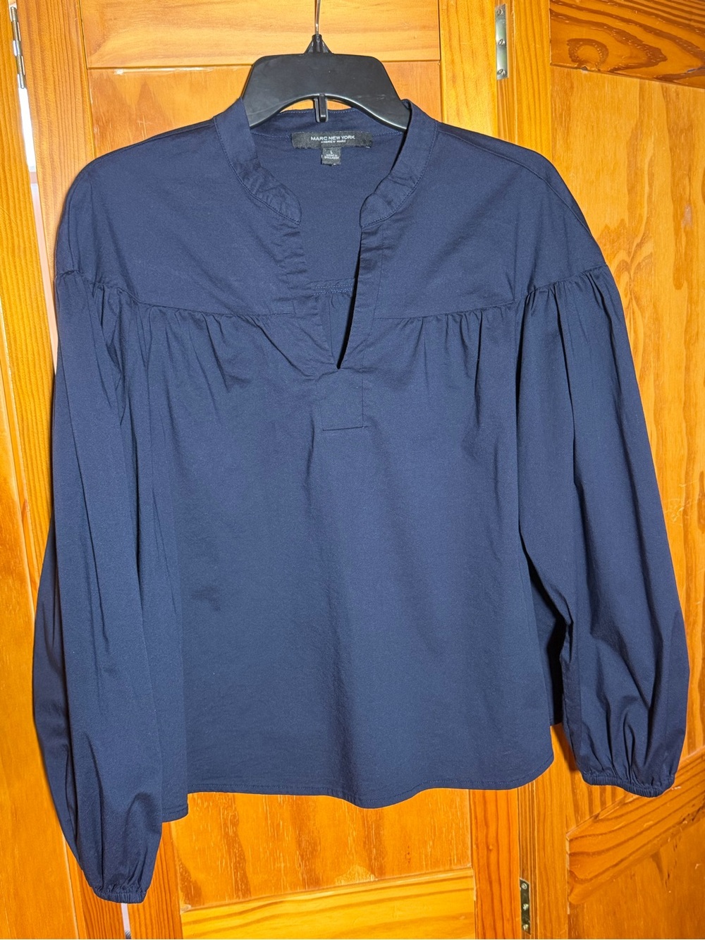 Marc New York Navy Long-Sleeve Split-Neck Peasant Blouse | Sz L|Cottagecore